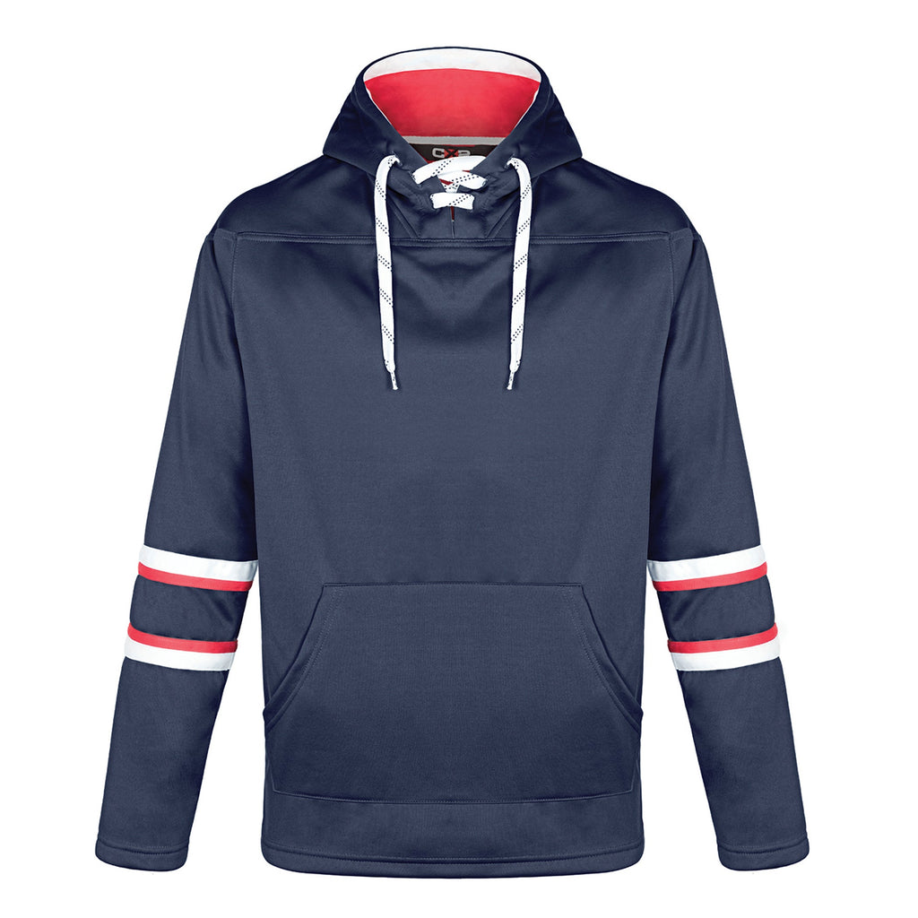 CX2 L00617, - Dangle - Adult Pullover Hockey Lace Hooded Sweatshirt, Navy/Red/White