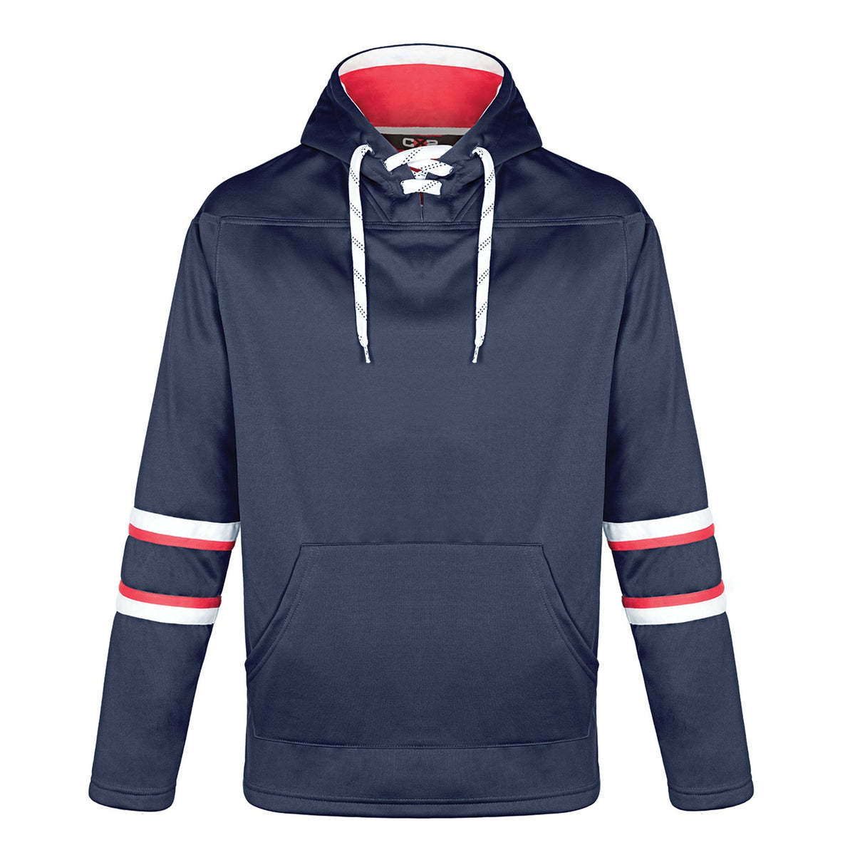 CX2 L00617, - Dangle - Adult Pullover Hockey Lace Hooded Sweatshirt, Navy/Red/White