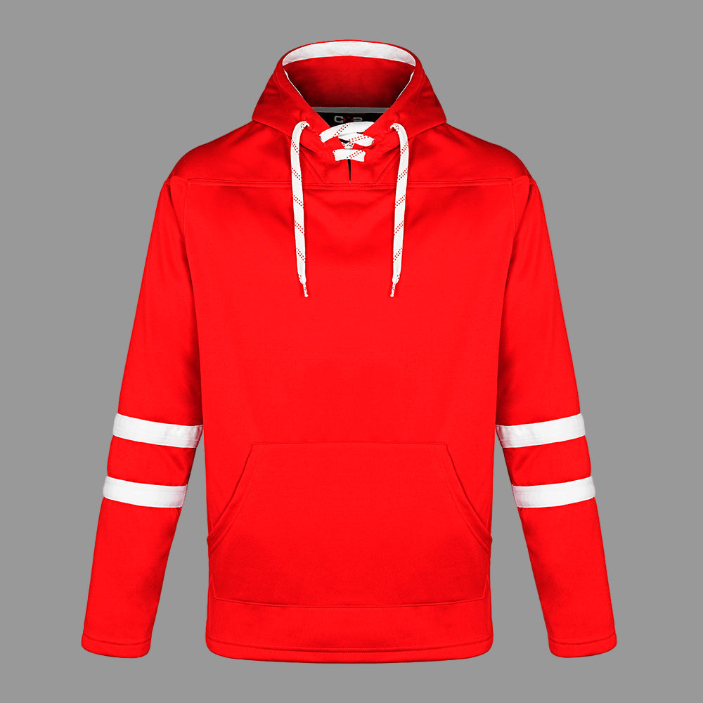 CX2 L00617, - Dangle - Adult Pullover Hockey Lace Hooded Sweatshirt, Red/White