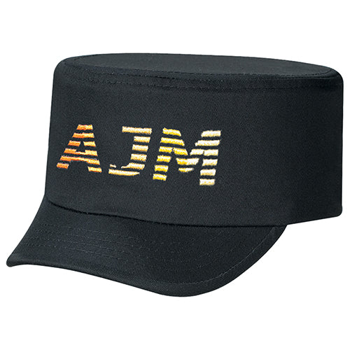 AJM International 6J360M, 2 Panel Military, Pre-curved Short Peak With 4 Rows Of Stitching, Self Cloth Tuck-in Back Strap With, Black