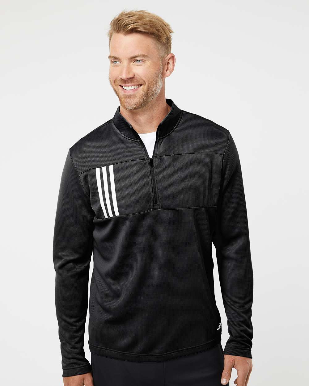 Adidas A482, Men's 3-stripes Double-knit Quarter-zip Pullover, Black/ Grey Two