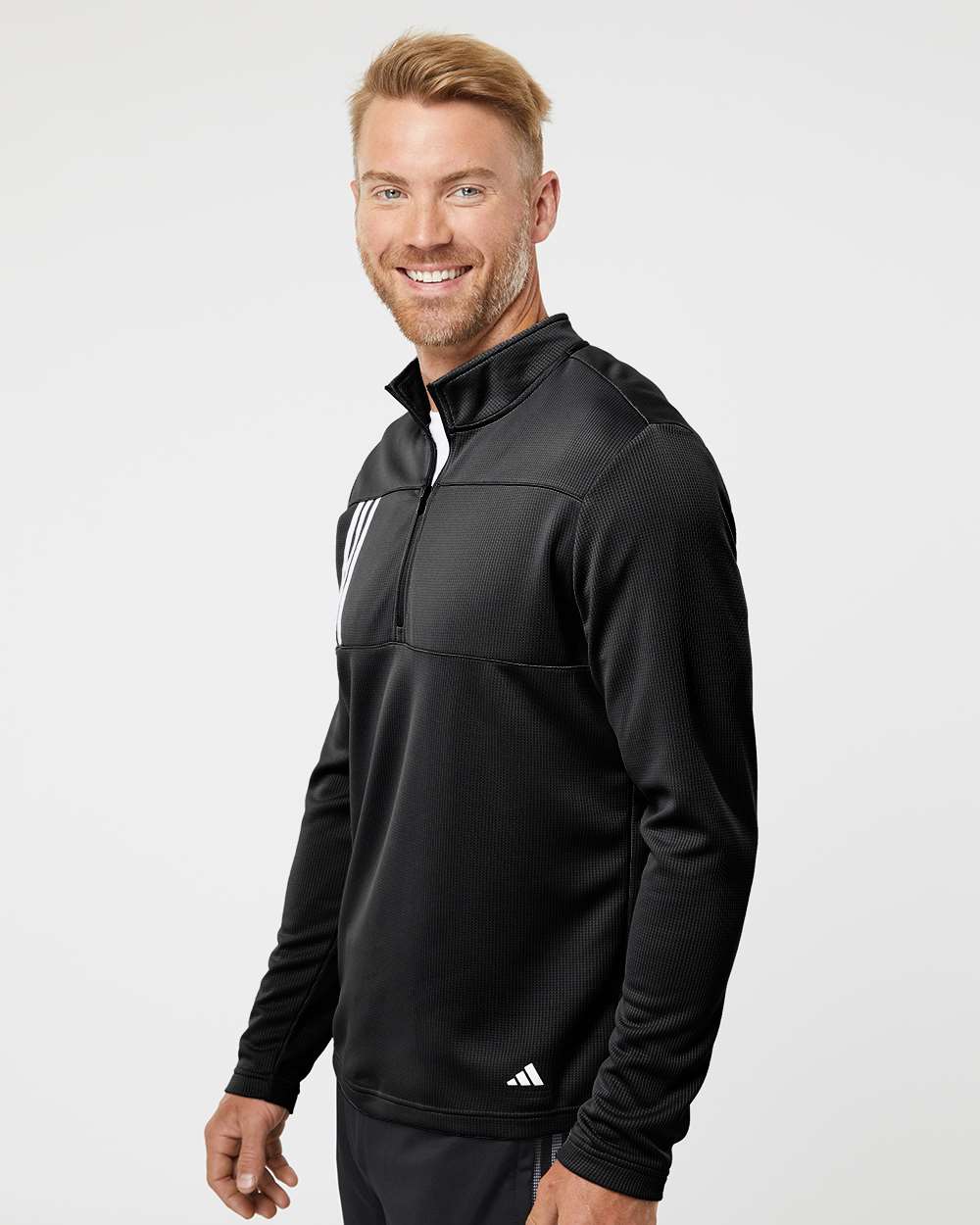 Adidas A482, Men's 3-stripes Double-knit Quarter-zip Pullover, Black/ Grey Two