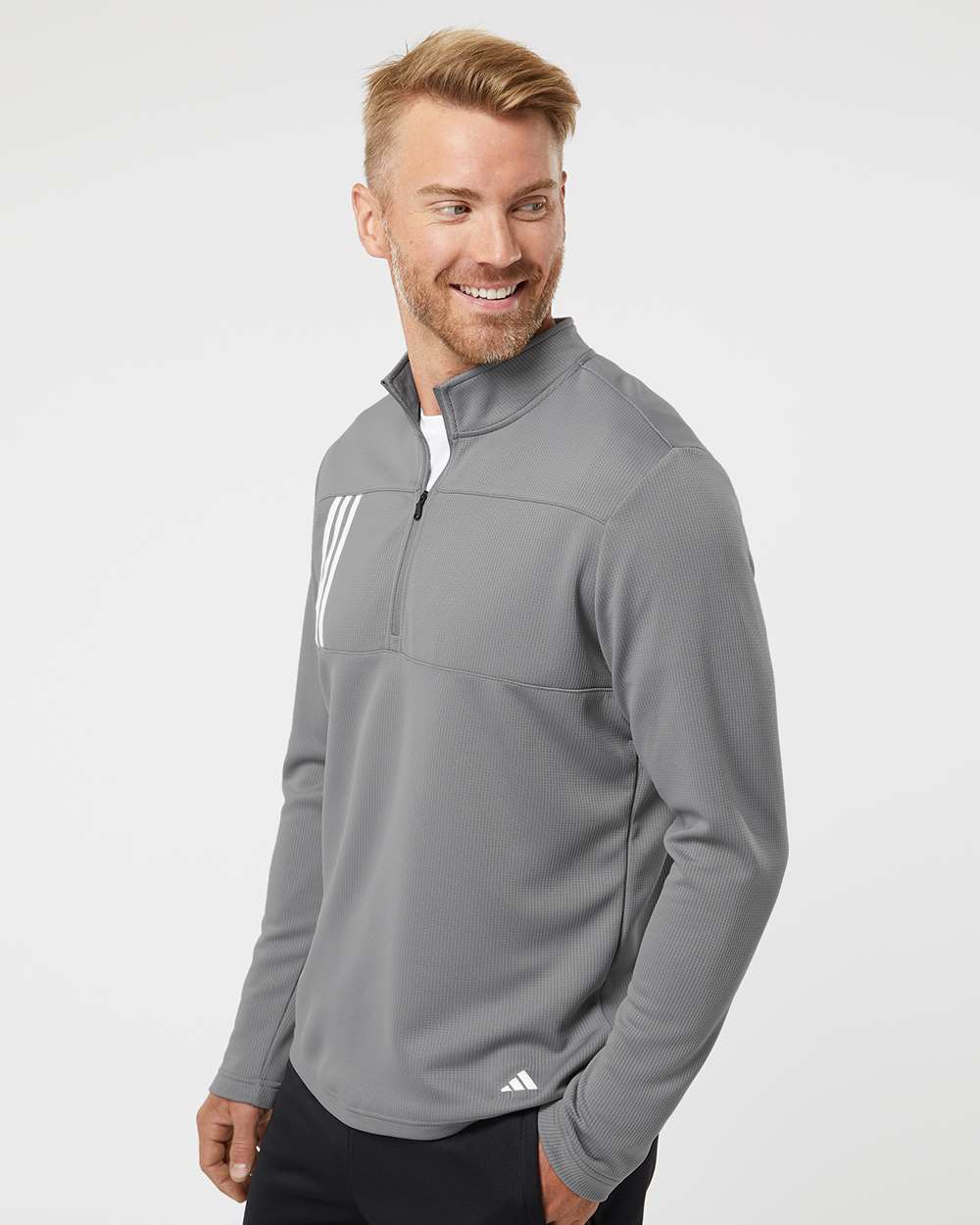 Adidas A482, Men's 3-stripes Double-knit Quarter-zip Pullover, Grey Three/ White