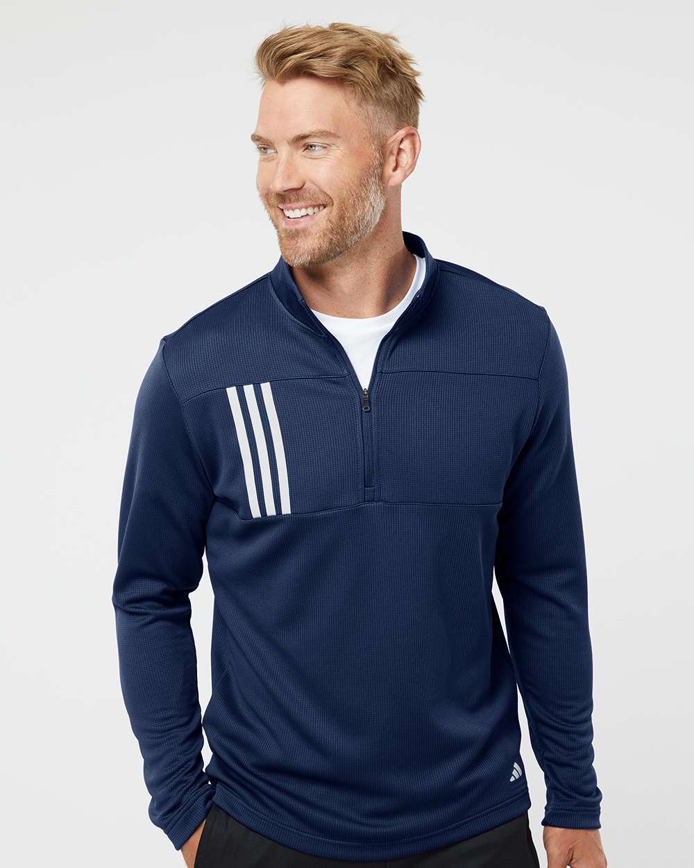 Adidas A482, Men's 3-stripes Double-knit Quarter-zip Pullover, Team Navy Blue/ Grey Two