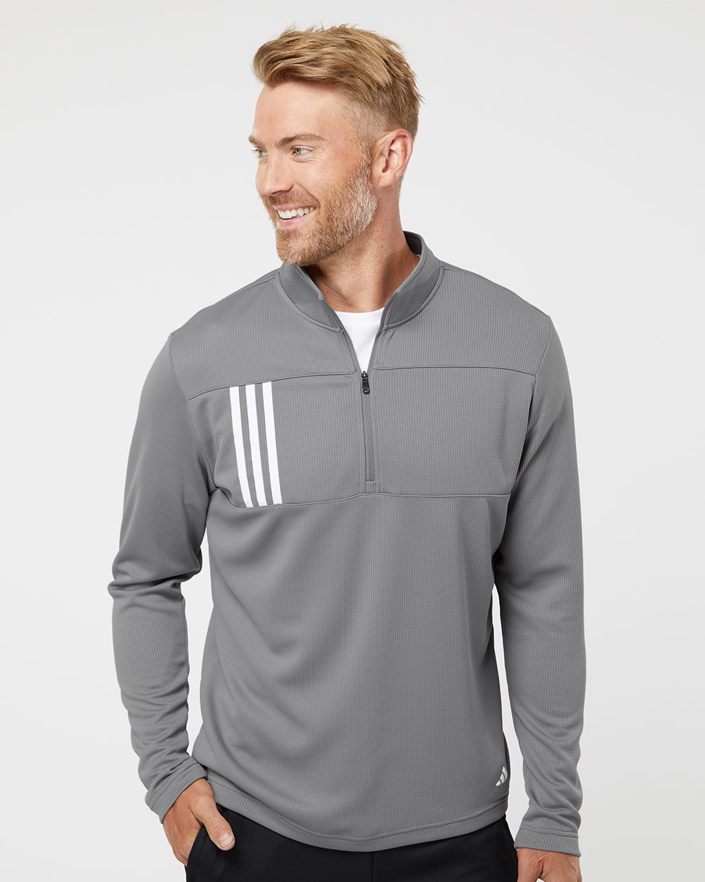 Adidas A482, Men's 3-stripes Double-knit Quarter-zip Pullover, Black/ Grey Two