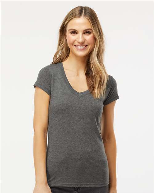 M&O 3542, Women's Deluxe Blend V-neck T-shirt, Heather Charcoal