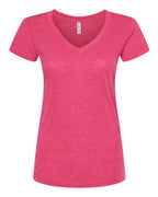 M&O 3542, Women's Deluxe Blend V-neck T-shirt, Heather Fuchsia