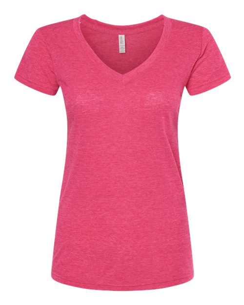 M&O 3542, Women's Deluxe Blend V-neck T-shirt, Heather Fuchsia