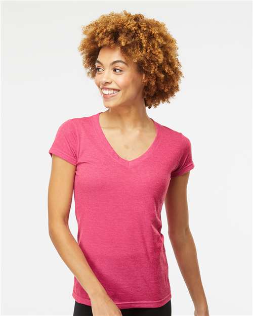 M&O 3542, Women's Deluxe Blend V-neck T-shirt, Heather Fuchsia