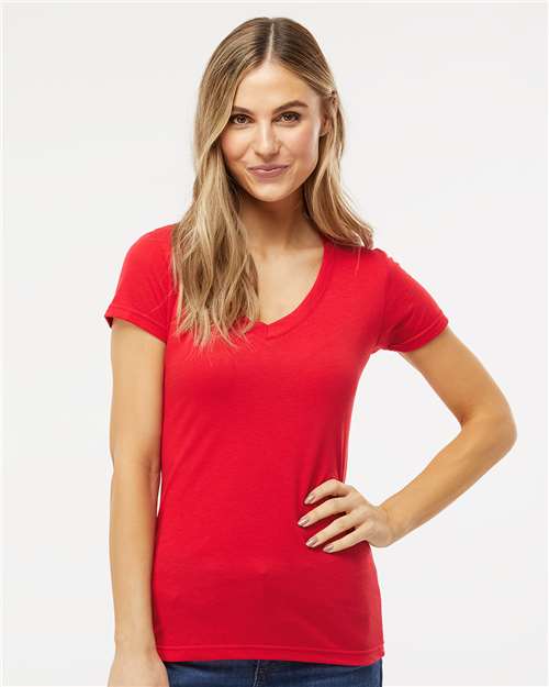 M&O 3542, Women's Deluxe Blend V-neck T-shirt, Red