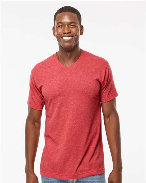 M&O 3543, Deluxe Blend V-neck T-shirt, Heather Red