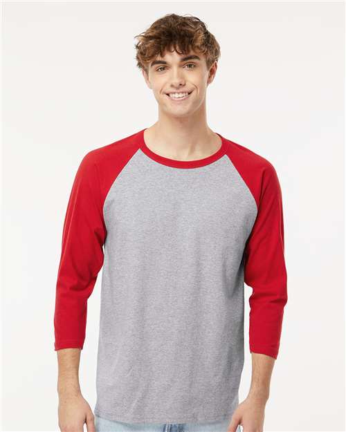 M&O 5540, Raglan Three-quarter Sleeve Baseball T-shirt, Sport Grey/ Red