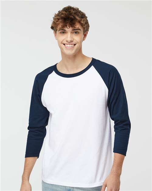M&O 5540, Raglan Three-quarter Sleeve Baseball T-shirt, White/ Navy