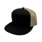 NISSI CAPS GNV-017M, - 5 Panels Round Flat Bill Mesh Snapback Cap, Black Khaki