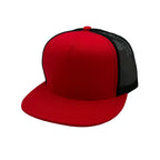 NISSI CAPS GNV-017M, - 5 Panels Round Flat Bill Mesh Snapback Cap, Red Black