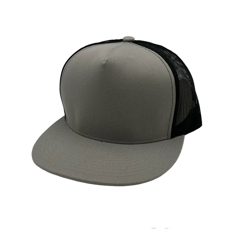 NISSI CAPS GNV-017M, 5 Panels Round Flat Bill Mesh Snapback Cap, Silver Black