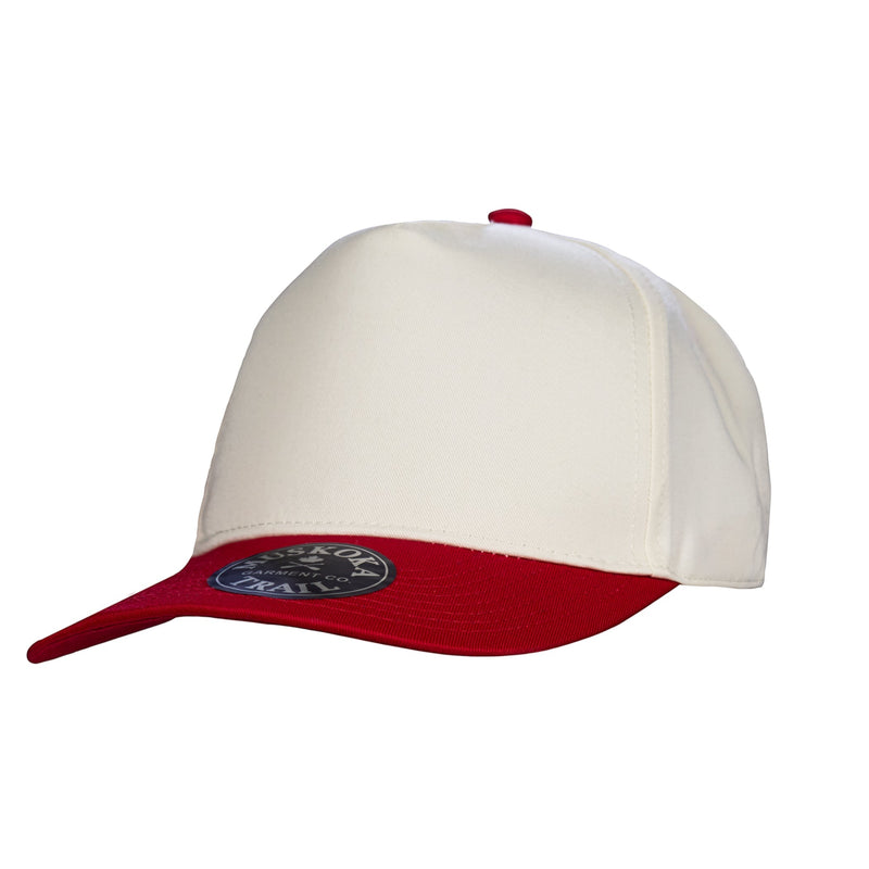 Muskoka Trail H08355, - True North - 5-panel Poly-cotton Twill Snap Back Cap, Ivory/Red