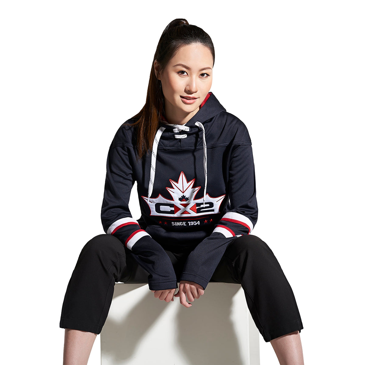 CX2 L00617, - Dangle - Adult Pullover Hockey Lace Hooded Sweatshirt, Navy/White