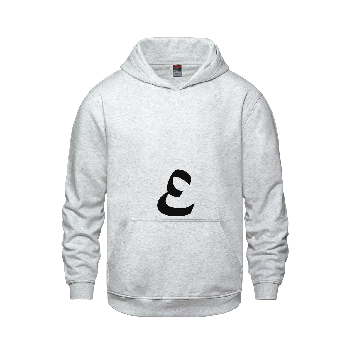 Alphabet E Hoodie 9 inch calligraphy Black ink, Ash