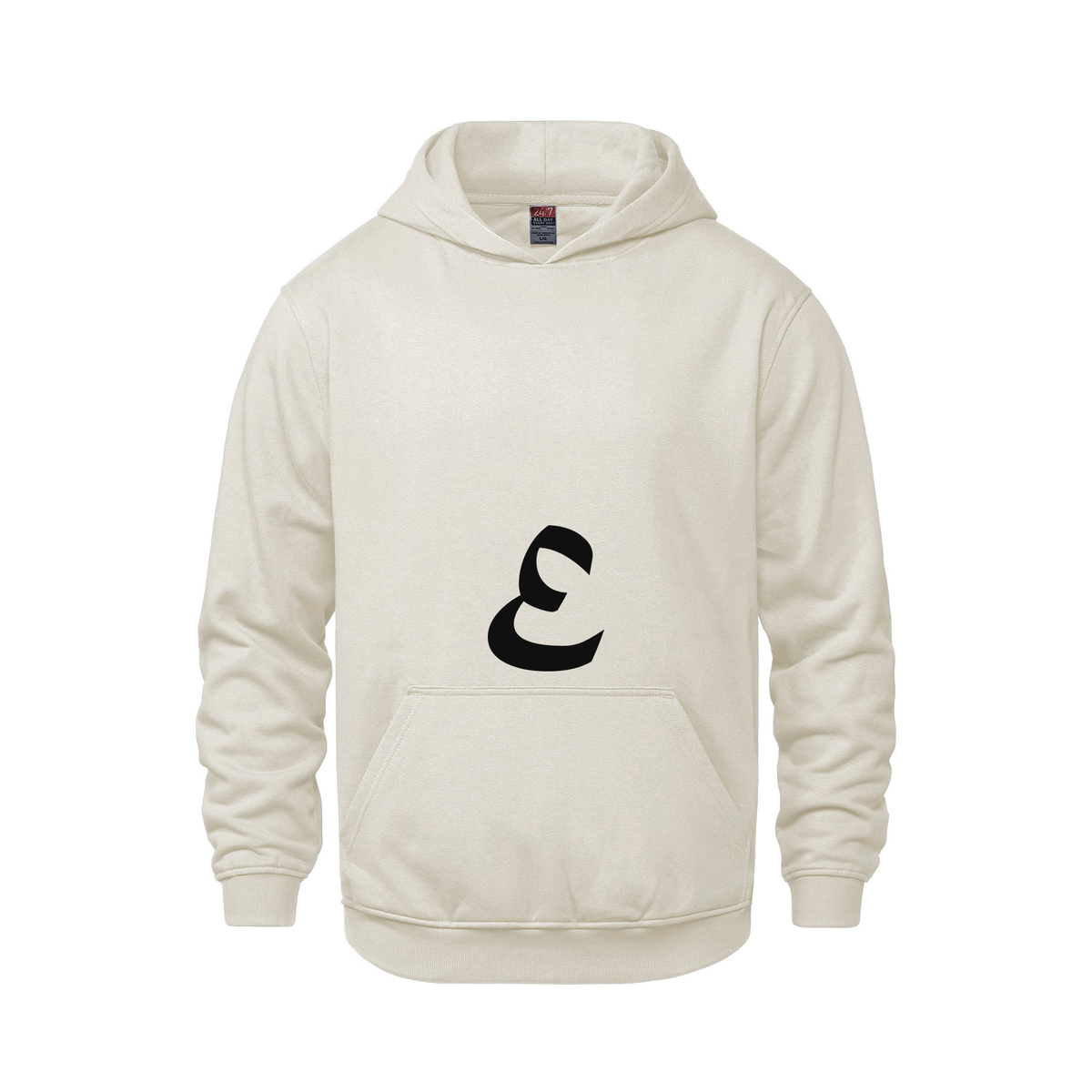 Alphabet E Hoodie 9 inch calligraphy Black ink, Ivory