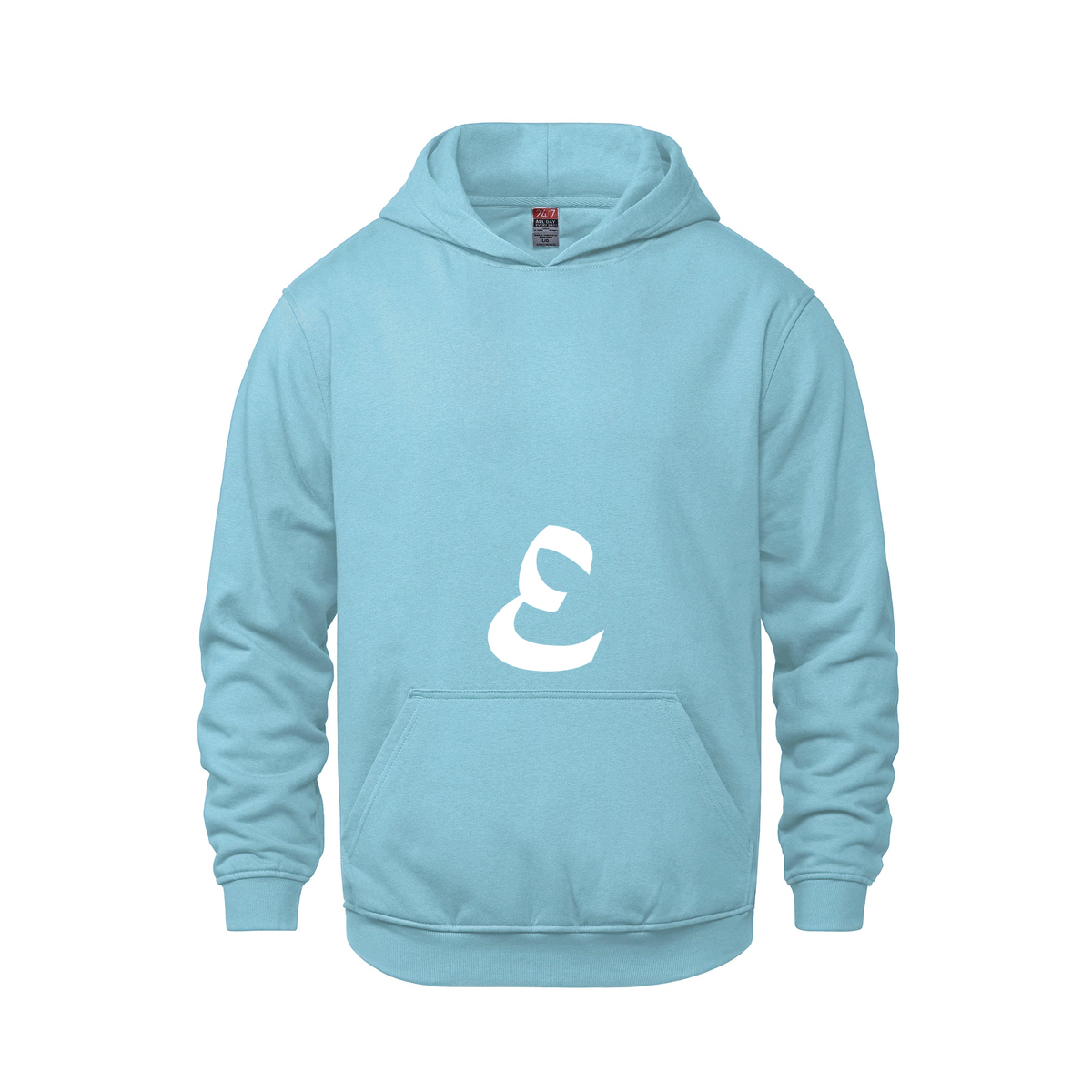 Alphabet E Hoodie 9 inch calligraphy White ink, Light Blue