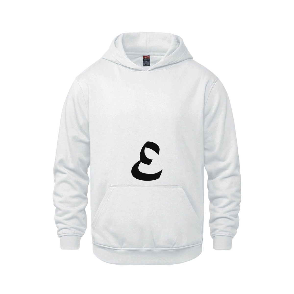 Alphabet E Hoodie 9 inch calligraphy Black ink, White