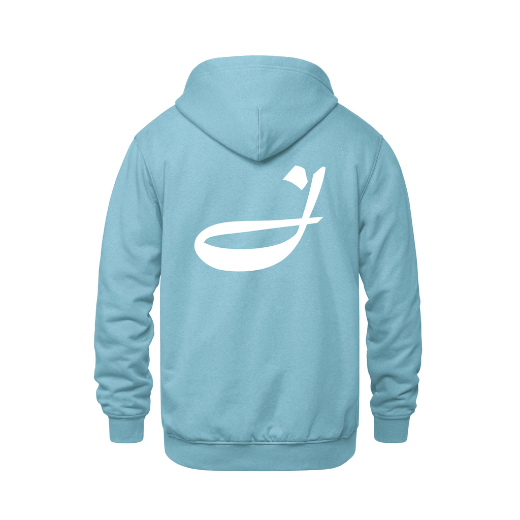 Alphabet J Hoodie 9 inch calligraphy White ink, Light Blue