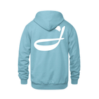 Alphabet J Hoodie 9 inch calligraphy White ink, Light Blue