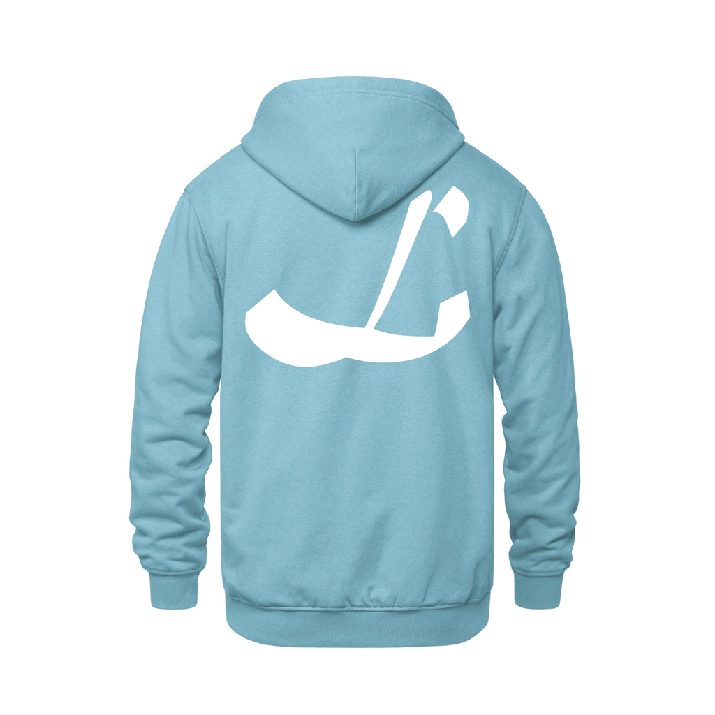 Alphabet L Hoodie 9 inch calligraphy White ink, Light Blue