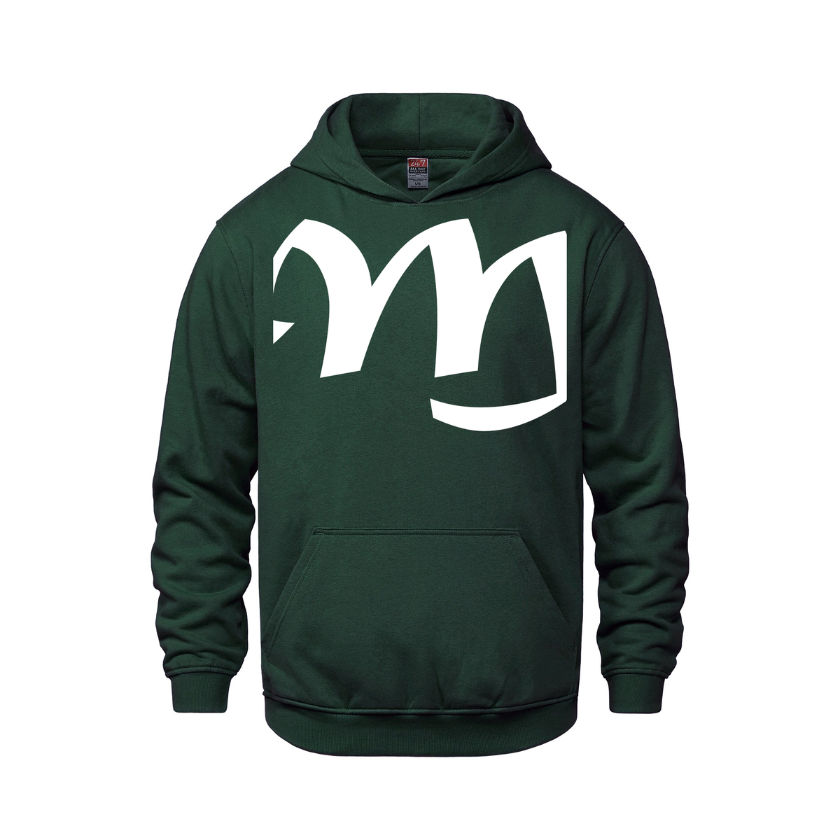 Alphabet M Hoodie 9 inch calligraphy White ink, Forest Green