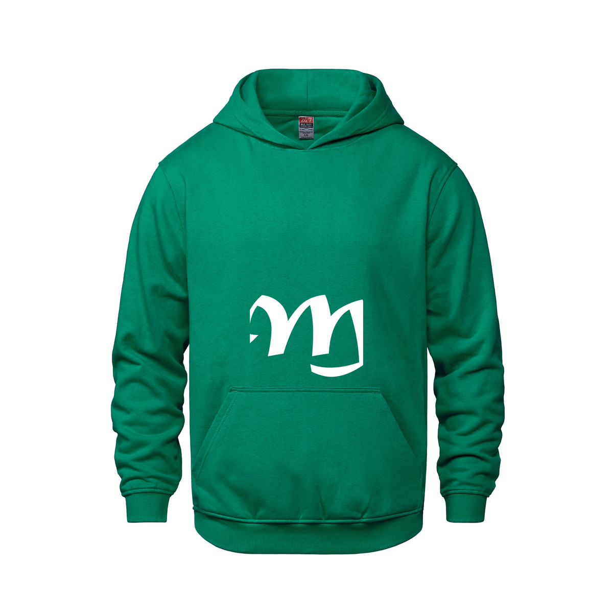 Alphabet M Hoodie 9 inch calligraphy White ink, Kelly Green