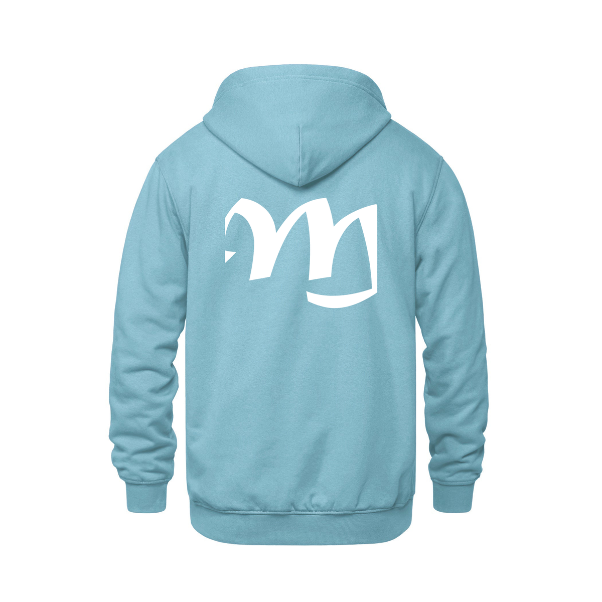 Alphabet M Hoodie 9 inch calligraphy White ink, Light Blue