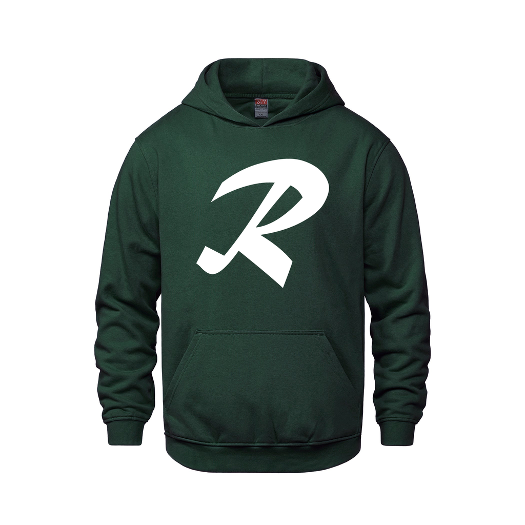 Alphabet R Hoodie 9 inch calligraphy White ink, Forest Green