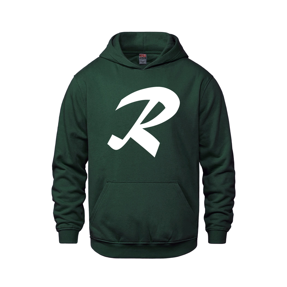 Alphabet R Hoodie 9 inch calligraphy White ink, Forest Green