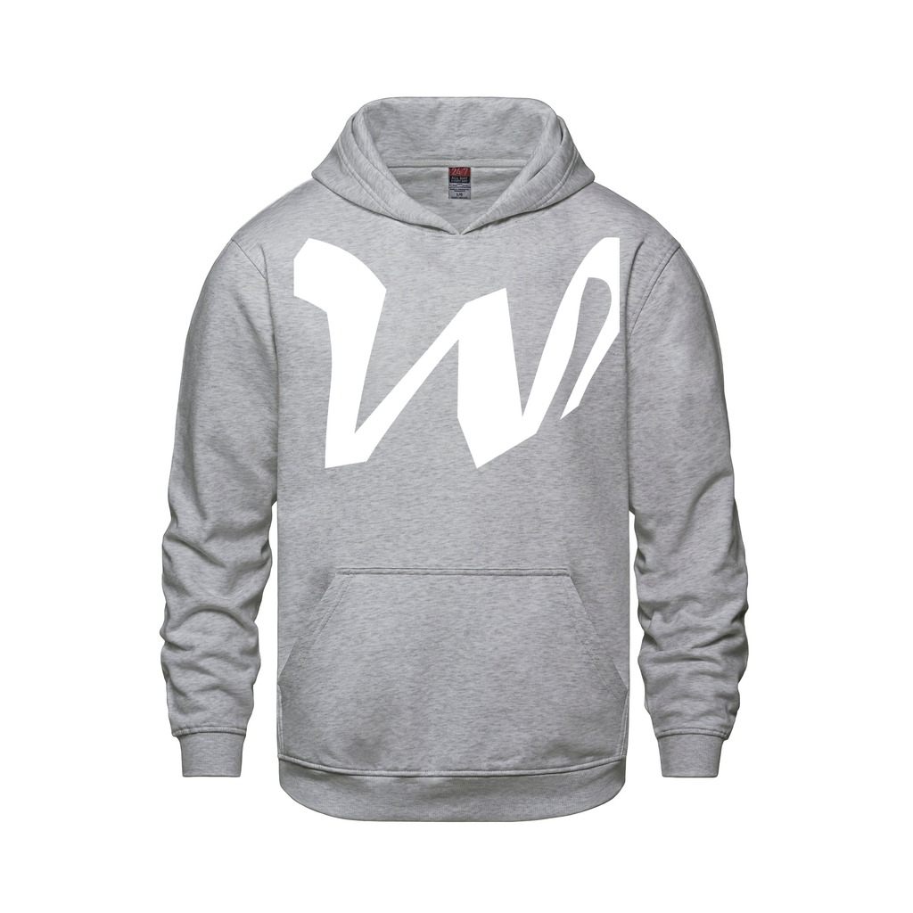 Alphabet W Hoodie 9 inch calligraphy White ink, Athletic Grey