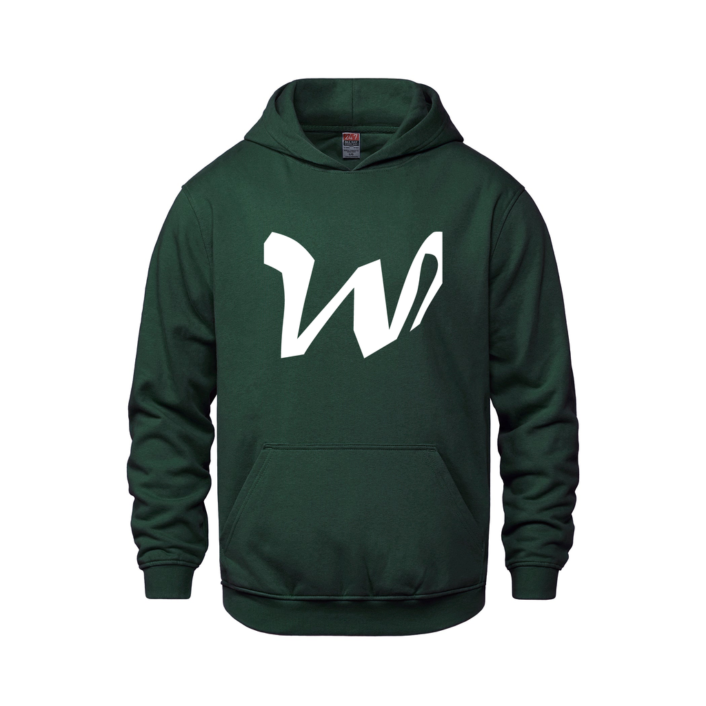 Alphabet W Hoodie 9 inch calligraphy White ink, Forest Green