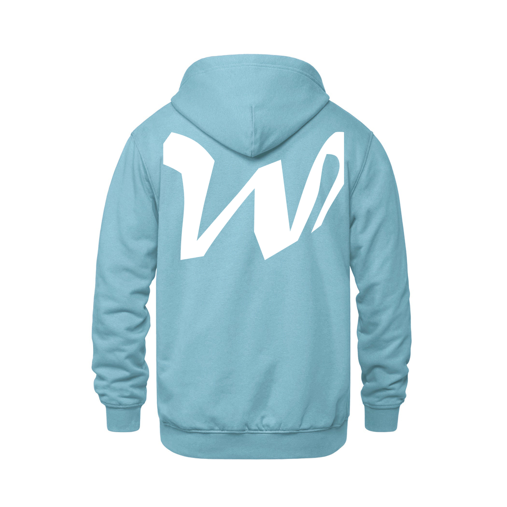 Alphabet W Hoodie 9 inch calligraphy White ink, Light Blue
