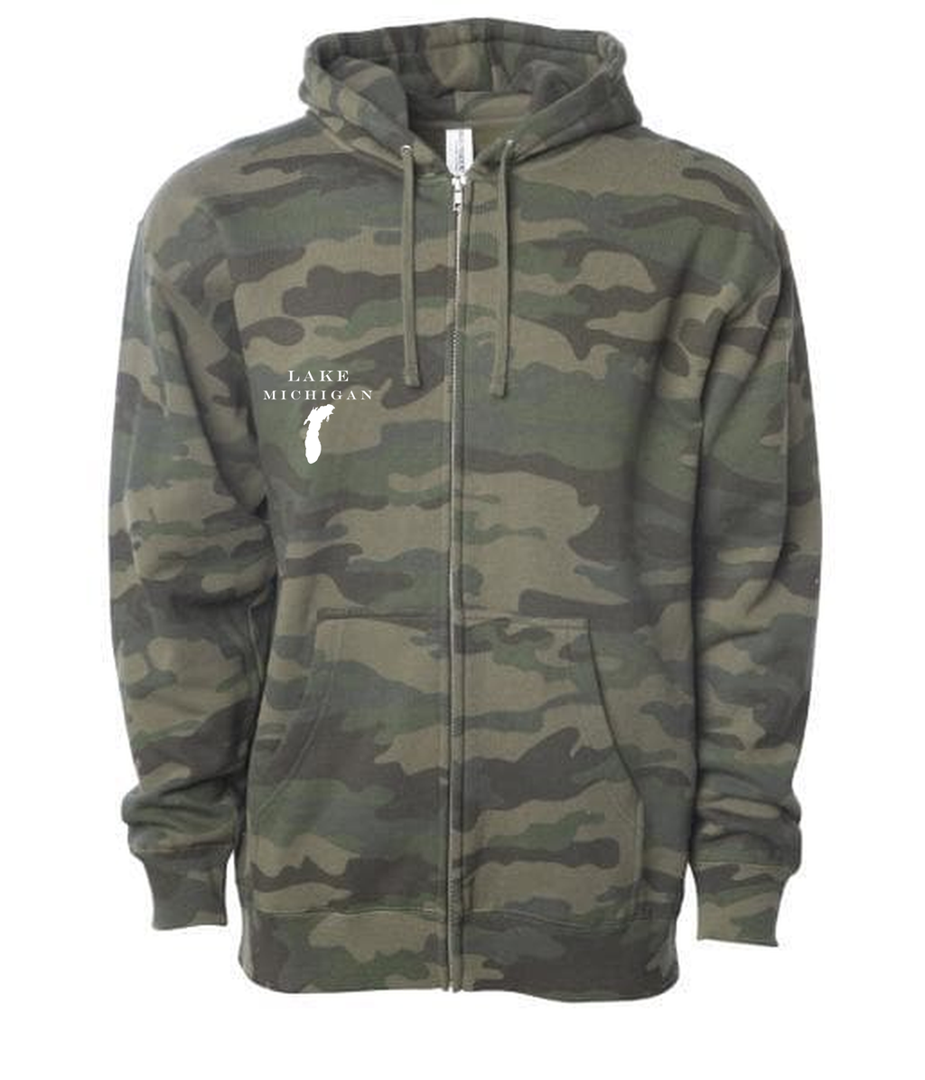 Lake Michigan - Engravers Label Hoodie, Forest Camo