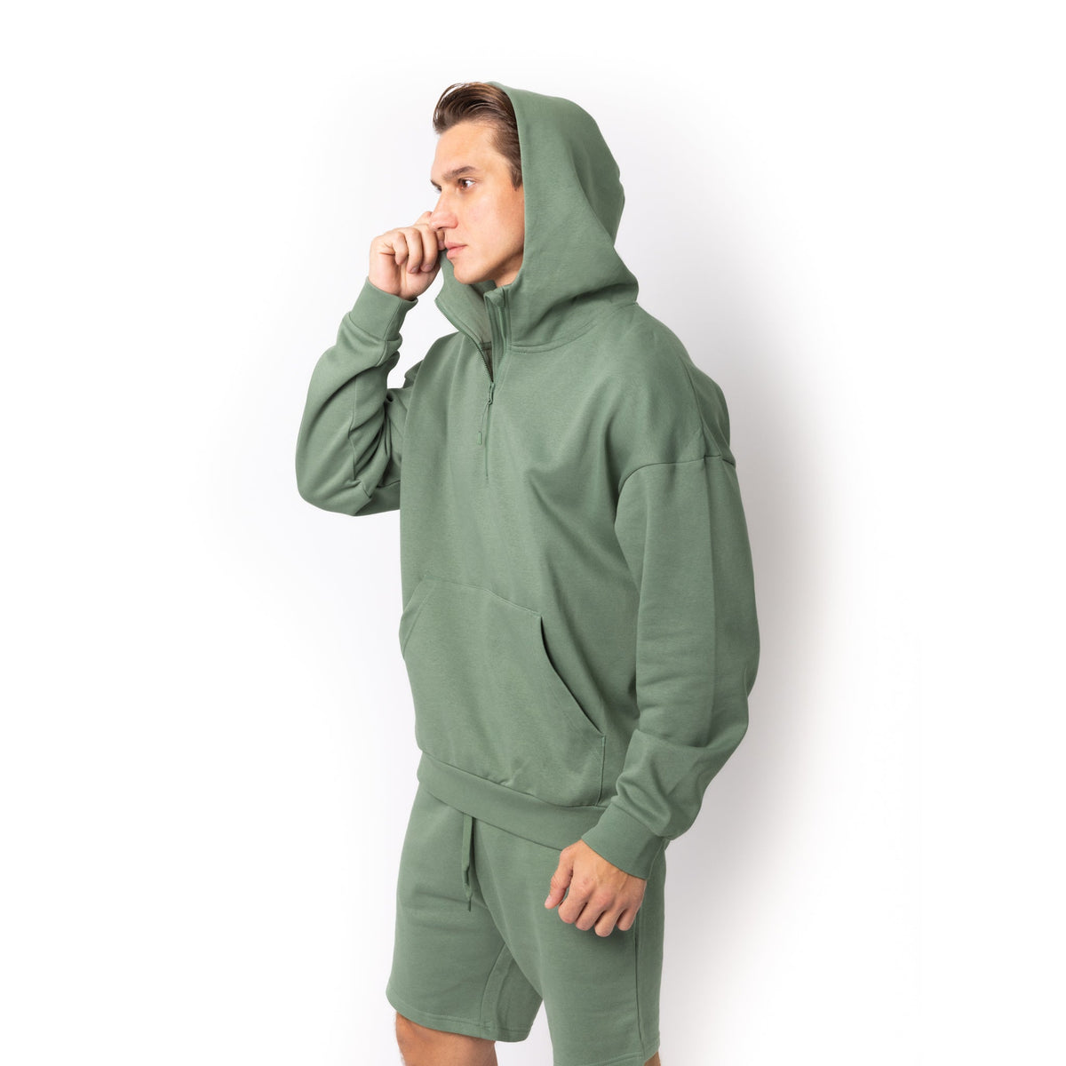 Just Like Hero HERO-4220, Unisex Drop Shoulder 1/2 Zip Hoodie, Dusty Green
