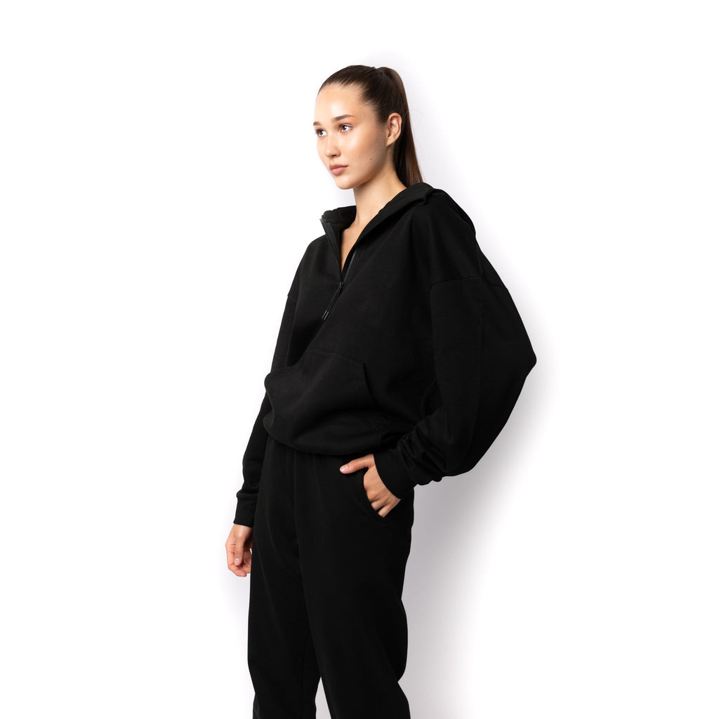 Just Like Hero HERO-4220, Unisex Drop Shoulder 1/2 Zip Hoodie, Black