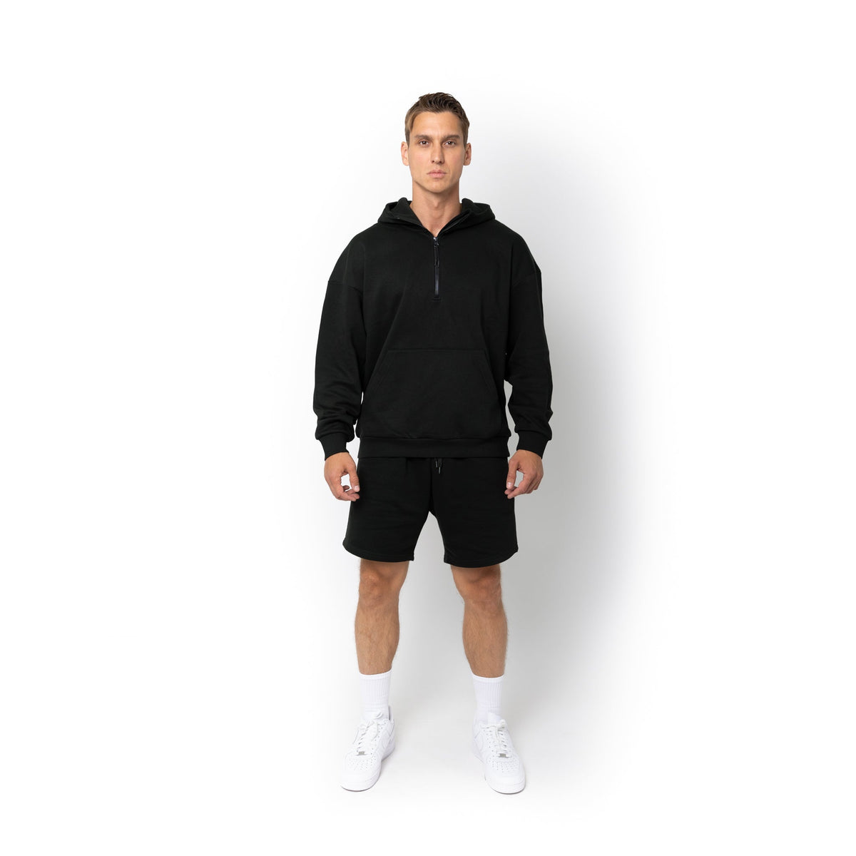 Just Like Hero HERO-4220, Unisex Drop Shoulder 1/2 Zip Hoodie, Black