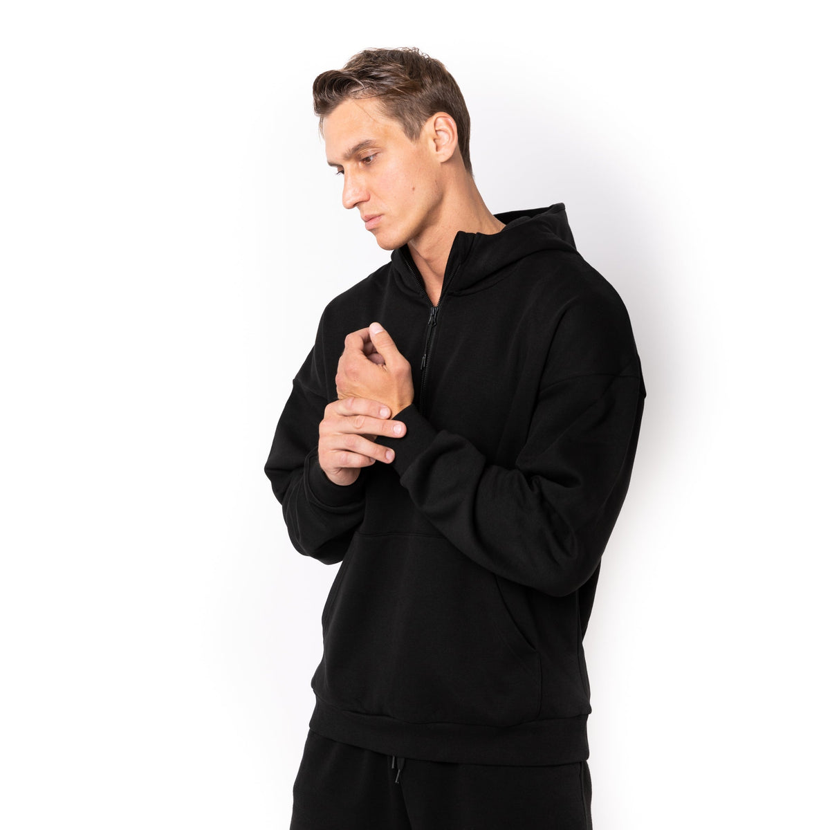 Just Like Hero HERO-4220, Unisex Drop Shoulder 1/2 Zip Hoodie, Black