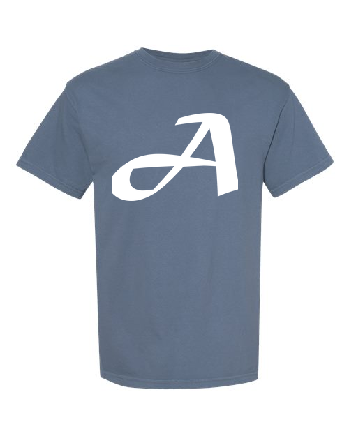 Alphabet A T-Shirt 9 inch calligraphy White ink, Blue Jean