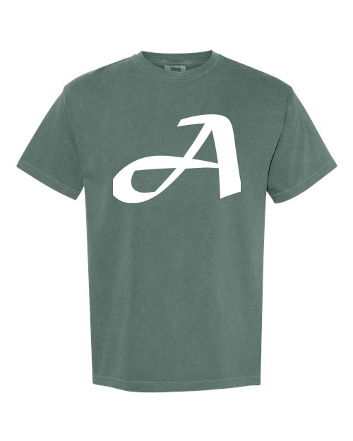Alphabet A T-Shirt 9 inch calligraphy White ink, Blue Spruce