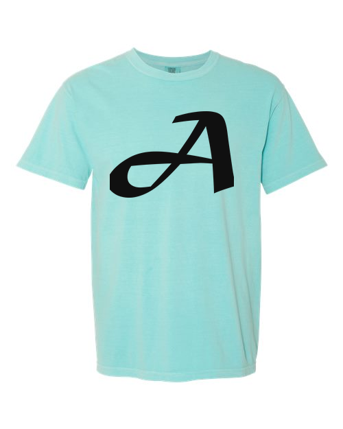 Alphabet A T-Shirt 9 inch calligraphy Black ink, Chalky Mint