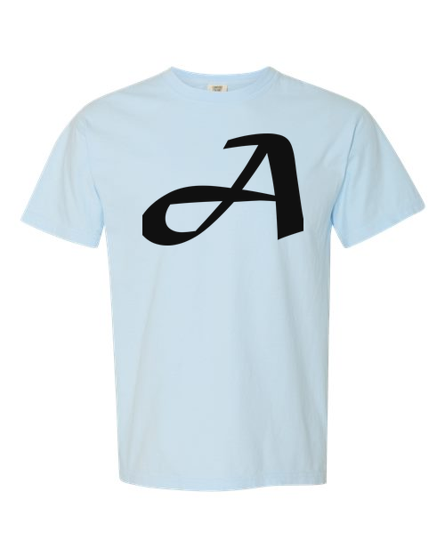 Alphabet A T-Shirt 9 inch calligraphy Black ink, Chambray