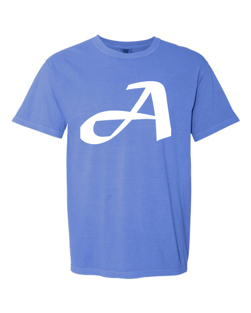 Alphabet A T-Shirt 9 inch calligraphy White ink, Flo Blue
