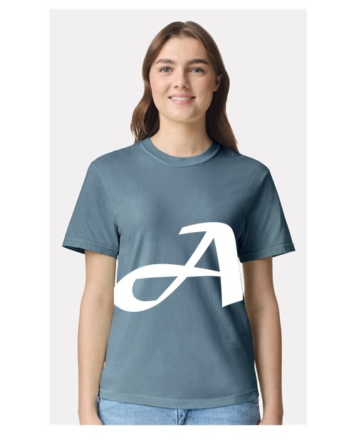 Alphabet A T-Shirt 9 inch calligraphy White ink, Ice Blue