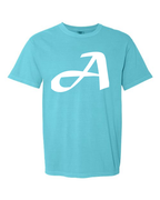 Alphabet A T-Shirt 9 inch calligraphy White ink, Lagoon