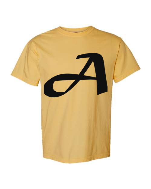 Alphabet A T-Shirt 9 inch calligraphy Black ink, Mustard